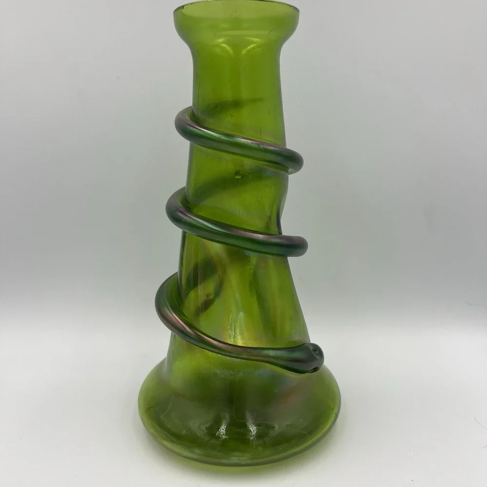 Antique Rindskopf‎ Snake Vase Bohemian Art Glass Olive Iridescent ca.1900
